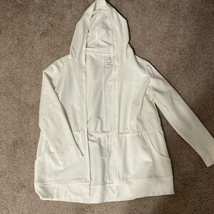 Women’s white cotton/spandex cardigan with hood and drawstring waist